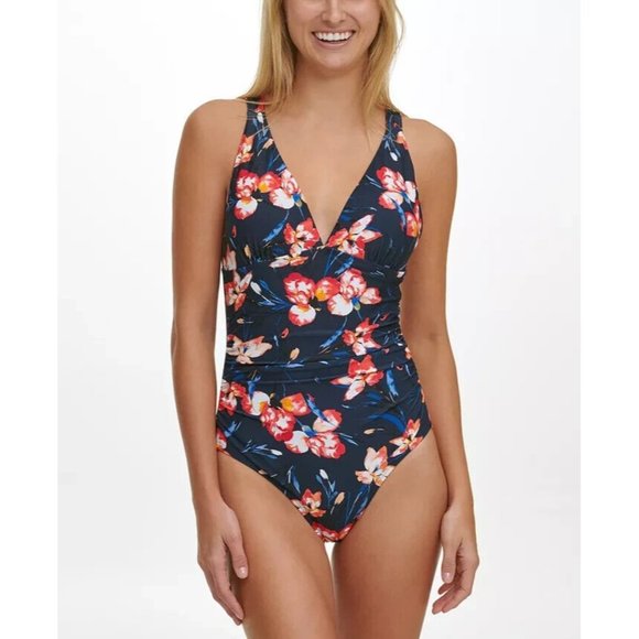 TOMMY HILFIGER Strappy-Back One-Piece Swimsuit Navy Size 8 MSRP $118 - Picture 1 of 2